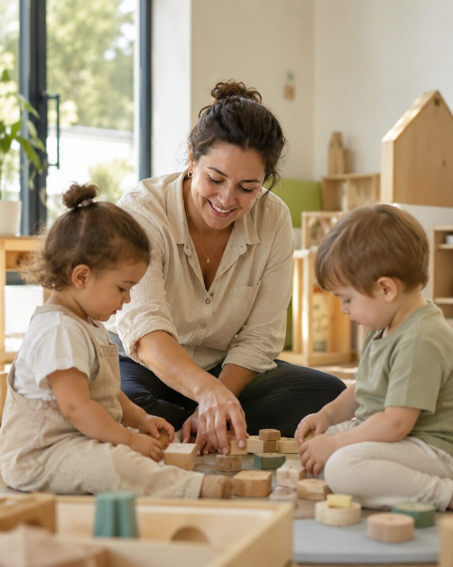 Éducatrice souriante jouant avec deux jeunes enfants autour de blocs en bois dans une crèche lumineuse